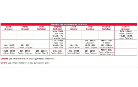 Planning des entrainements 2019-2020