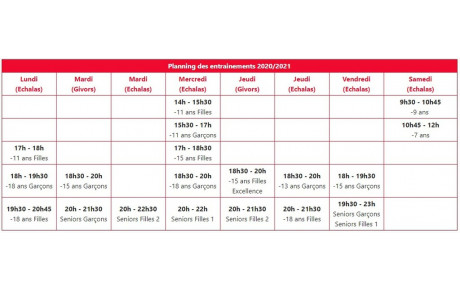 Planning des entraînements 2020-2021